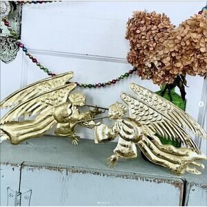 Vintage 1996 Otagiri Enesco Gold Tin Horn Blowing Angel Wall Decorations PAIR